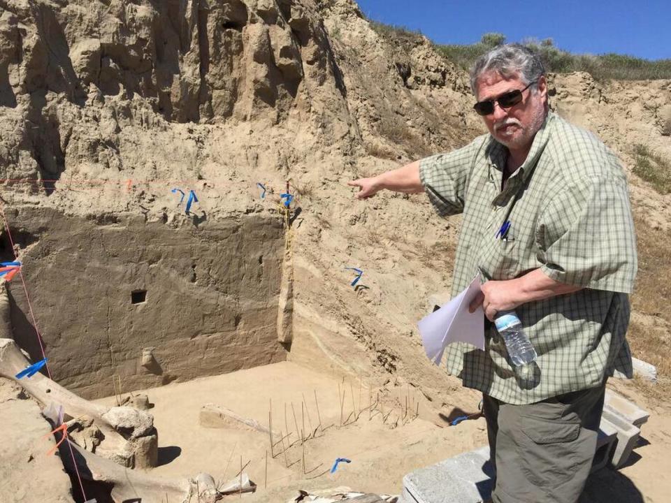 April 19, 2015 - Bax Barton, director of research at the Coyote Canyon Mammoth Site south of Kennewick, points to white lines Saturday that show evidence of Ice Age Floods.