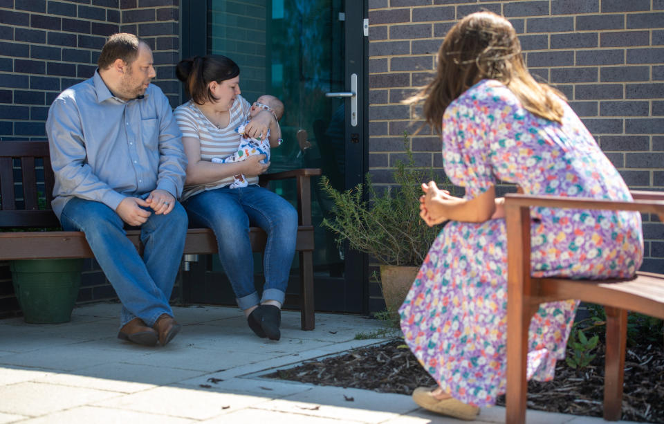 EMBARGOED: No onward transmission before 2100 BST Sat 27/6/2020. Not for publication before 2200 BST Sat 27/6/2020. The Duchess of Cambridge meets Liam and Lisa Page and baby Connor during a visit to The Nook in Framlingham Earl, Norfolk, which is one of the three East Anglia Children's Hospices (EACH).
