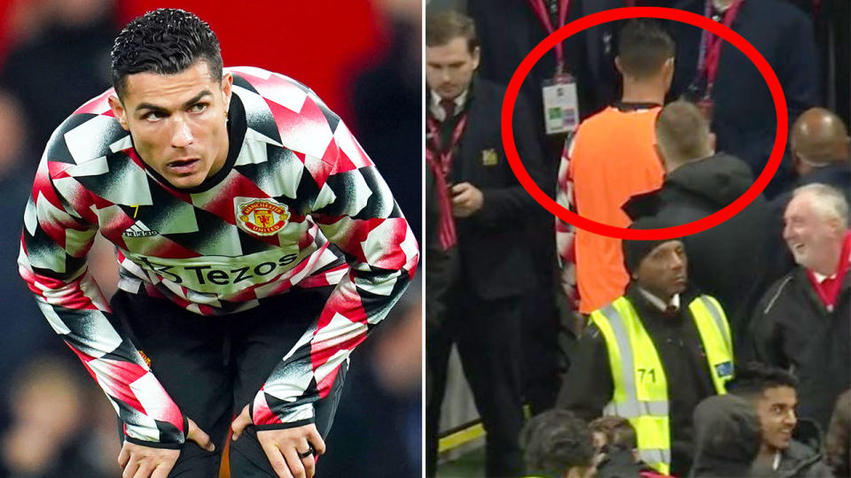 Unused substitute Cristiano Ronaldo was seen storming off down the tunnel before full-time in Manchester United's 2-0 win over Tottenham. Pic: Getty/Twitter 