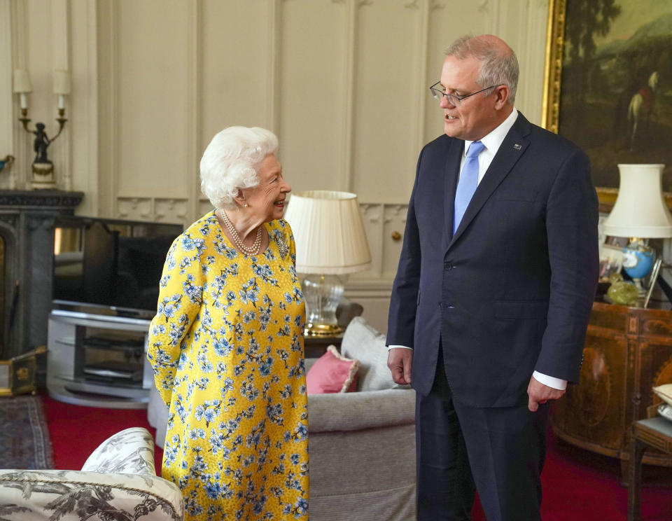 WINDSOR, ENGLAND - JUNE 15: Queen Elizabeth II receives Australian Prime Minister Scott Morrison during an audience in the Oak Room at Windsor Castle on June 15, 2021 in Windsor, England. (Photo by Steve Parsons - WPA Pool/Getty Images)