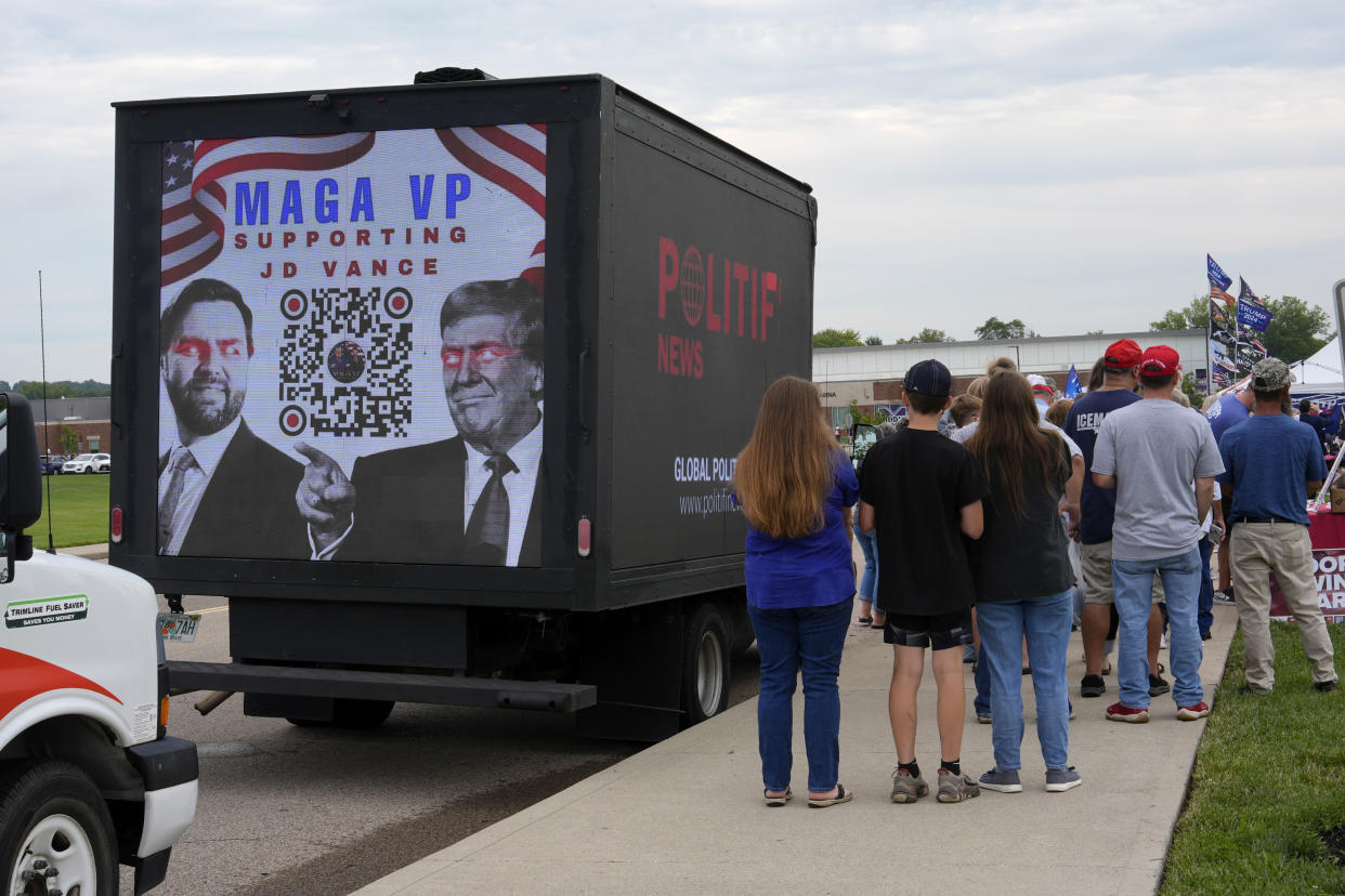 Supporters arrive at a campaign rally for Republican vice presidential candidate JD Vance.