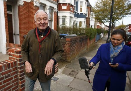 Former London Mayor Ken Livingstone speaks to members of the media as he leaves his home in London, Britain April 29, 2016. REUTERS/Peter Nicholls