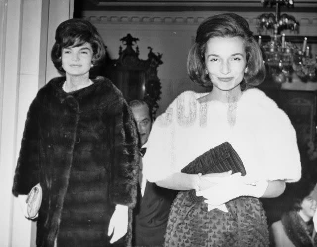 (Original Caption) The First Lady of the land, Mrs. Jacqueline Kennedy, and her sister, Princess <span class="caas-xray-inline-tooltip"><span class="caas-xray-inline caas-xray-entity caas-xray-pill rapid-nonanchor-lt" data-entity-id="Lee_Radziwill" data-ylk="cid:Lee_Radziwill;pos:3;elmt:wiki;sec:pill-inline-entity;elm:pill-inline-text;itc:1;cat:Actor;" tabindex="0" aria-haspopup="dialog"><a href="https://search.yahoo.com/search?p=Lee%20Radziwill" data-i13n="cid:Lee_Radziwill;pos:3;elmt:wiki;sec:pill-inline-entity;elm:pill-inline-text;itc:1;cat:Actor;" tabindex="-1" data-ylk="slk:Lee Radziwill;cid:Lee_Radziwill;pos:3;elmt:wiki;sec:pill-inline-entity;elm:pill-inline-text;itc:1;cat:Actor;" class="link ">Lee Radziwill</a></span></span> (right), leave the Hotel Carlyle here, March 20th, to attend a social function. Mrs. Kennedy is in town for a few days to do some shopping and possibly buy some antiques for the White House.