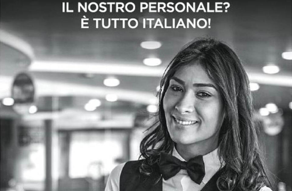 “Il nostro personale? E’ tutto italiano” capeggia sulla nuova pubblicità di Moby, la compagnia che offre crociere in giro per l’Italia e che fa capo anche a Tirrenia.