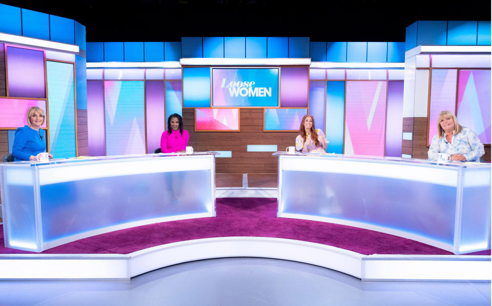 Editorial use only
FROM ITV DAYTIME

LOOSE WOMEN
Weekdays on ITV

Pictured: Kaye Adams, Kelle Bryan, Stacey Solomon, Linda Robson
'Loose Women' TV Show, London, UK - 23 Apr 2021

Photographer: Ken McKay

© ITV 


For further information please contact Peter Gray
0207 157 3046 peter.gray@itv.com  

This photograph is © ITV and can only be reproduced for editorial purposes directly in connection with the  programme LOOSE WOMEN or ITV. Once made available by the ITV Picture Desk, this photograph can be reproduced once only up until the Transmission date and no reproduction fee will be charged. Any subsequent usage may incur a fee. This photograph must not be syndicated to any other company, publication or website, or permanently archived, without the express written permission of ITV Picture Desk. Full Terms and conditions are available on  www.itv.com/presscentre/itvpictures/terms
