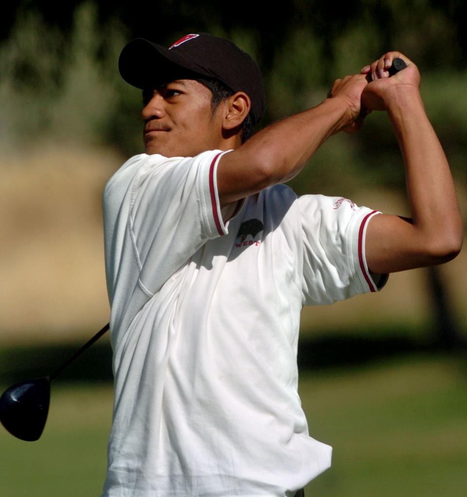 West High golfer Gipper Finau drives the ball on the 16th hole in the 4A State Golf Match at Valley View Golf Course on Oct. 11, 2005. | Michael Brandy, Deseret News