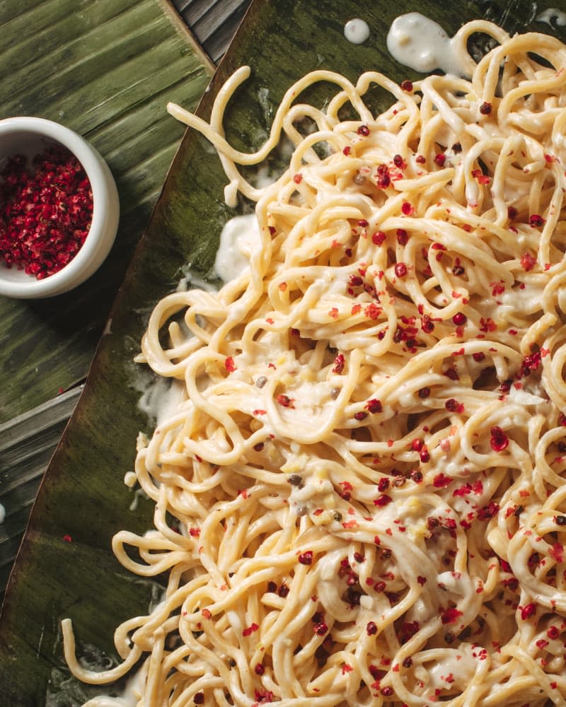 Ginataan Pancit Canton Noodles with Miso and Pink Peppercorns 