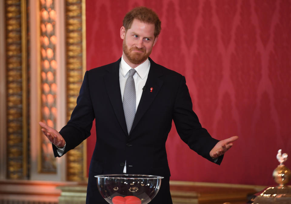 The Duke of Sussex hosts the Rugby League World Cup 2021 draws at Buckingham Palace on Jan. 16 in London.&nbsp; (Photo: WPA Pool via Getty Images)