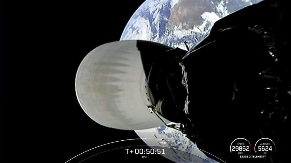 A spectacular view from a camera mounted on the Falcon 9 rocket's second stage showing Earth receding in the background as DART heads into deep space, on course for a high-speed collision with a small asteroid next year to test a promising technique that might one day prevent a threatening body from impacting Earth. / Credit: SpaceX