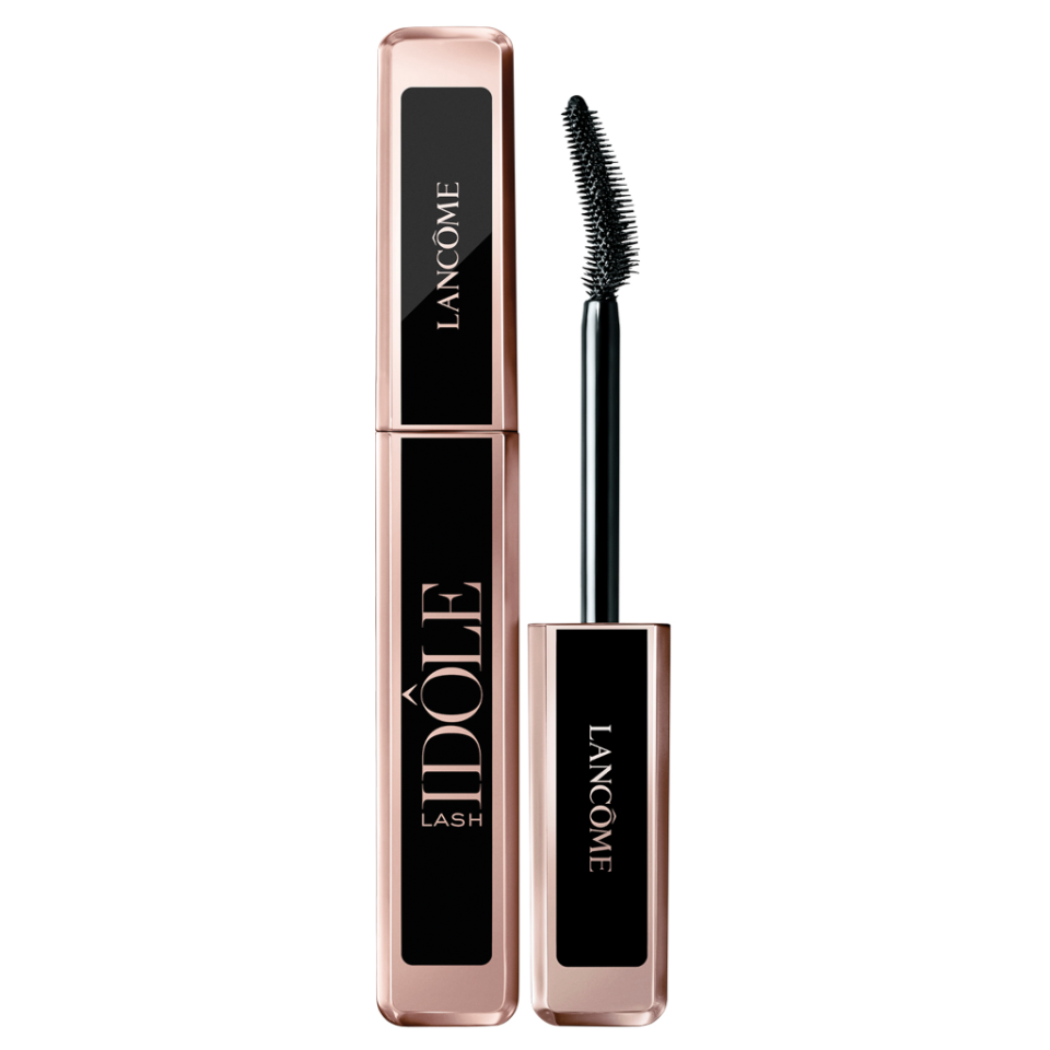 A pink and black tube of Lancôme Lash Idôle Mascara has the lid on in one view and taken off to reveal the brush in another.
