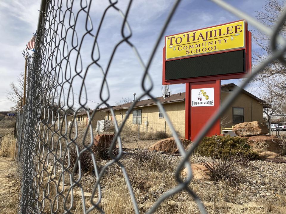 This Feb. 17, 2023 image shows To'Hajiilee Community School in the Navajo community of To'Hajiilee, New Mexico. The school is just one of dozens funded by the U.S. Bureau of Indian Education that are in desperate need of repair or replacement. The agency estimates it would cost roughly $6.2 billion to address the needs of those schools in poor condition. (AP Photo/Susan Montoya Bryan)