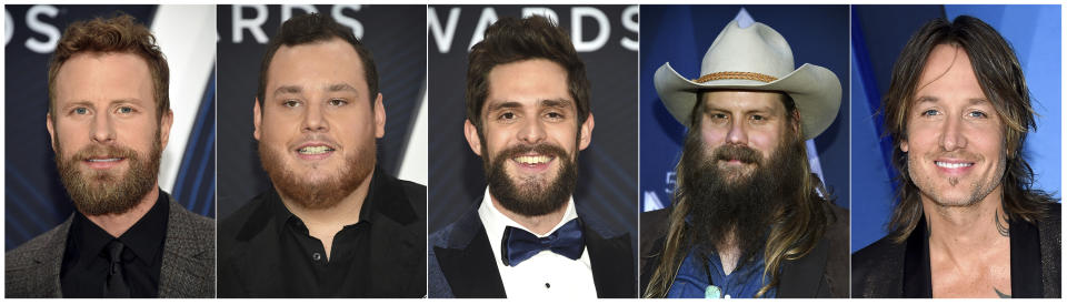 This combination photo shows, from left, Dierks Bentley, Luke Combs, Thomas Rhett, Chris Stapleton and Keith Urban who are up for the Male Vocalist of the Year category at the Country Music Association Awards on Wednesday. (AP Photo)