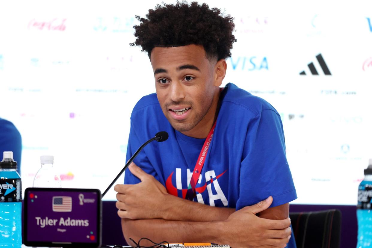 Tyler Adams of United States reacts during the USA Press Conference at the Main Media Center on November 24, 2022 in Doha, Qatar.