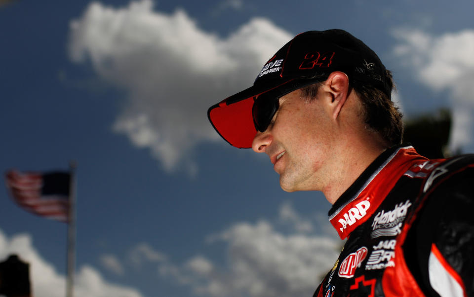 DAYTONA BEACH, FL - FEBRUARY 19: Jeff Gordon, driver of the #24 Drive to End Hunger Chevrolet, looks on during qualifying for the NASCAR Sprint Cup Series Daytona 500 at Daytona International Speedway on February 19, 2012 in Daytona Beach, Florida. (Photo by Tom Pennington/Getty Images for NASCAR)