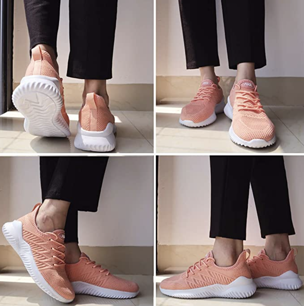 Four photos of person wearing peach sneakers