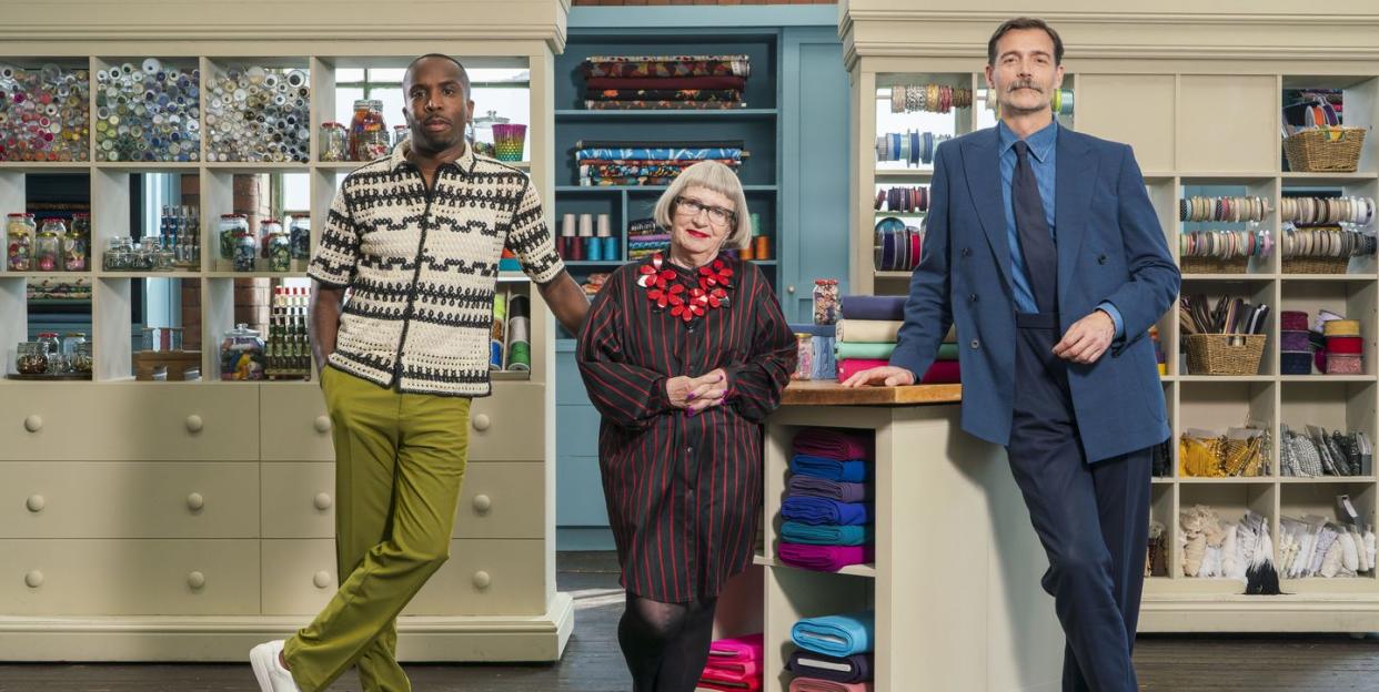 kiell smith bynoe, esme young and patrick grant on the great british sewing bee