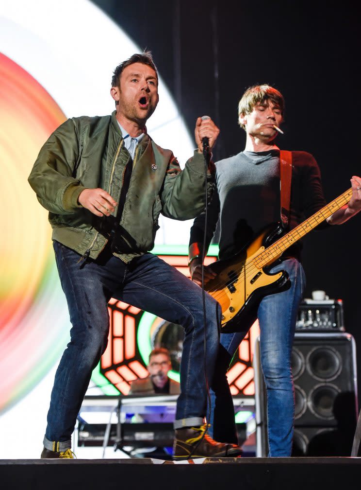 Damon Albarn and Alex James at Isle of Wight Festival 2015: WENN