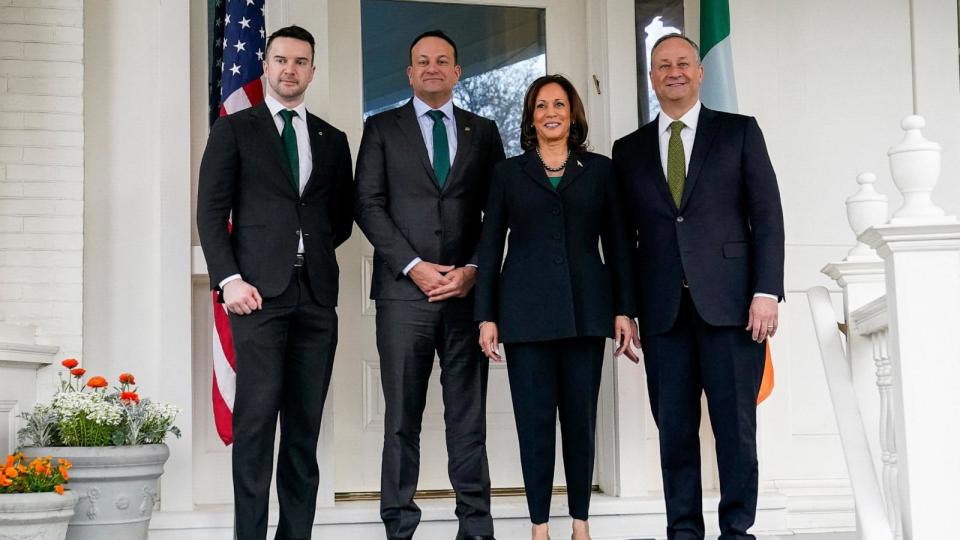 PHOTO: Vice President Kamala Harris and second gentleman Doug Emhoff welcome Irish Taoiseach (Prime Minister) Leo Varadkar and his partner Matthew Barrett at the vice president's residence at the U.S. Naval Observatory, March 15, 2024, in Washington. (Elizabeth Frantz/Reuters)