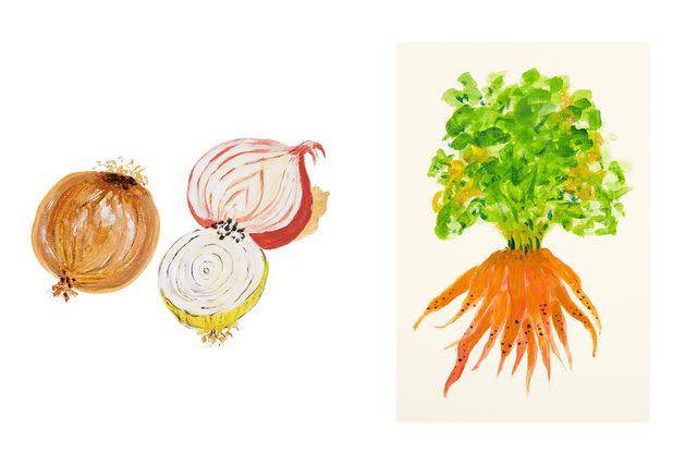 <p>Courtesy of Jacques Pépin</p> Pépin&#39;s illustrations of onions and carrots.