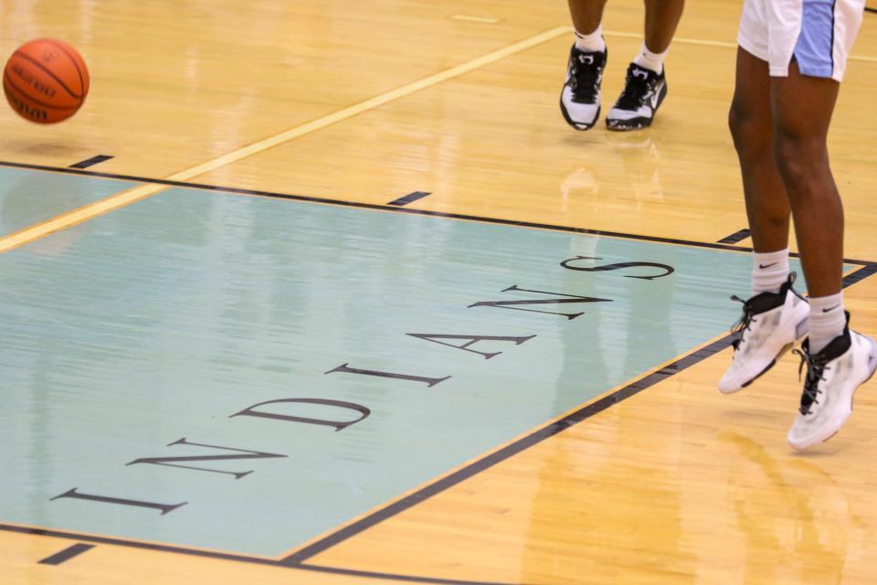 The nickname “Indians” is shown on the court of Alumni Gymnasium prior to the Saint Joseph vs. NorthWood boys basketball game Tuesday, Jan. 17, 2023 at Saint Joseph High School.
