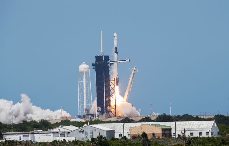 A SpaceX Falcon 9 rocket and Crew Dragon spacecraft carrying NASA astronauts Douglas Hurley and Robert Behnken launches NASA's SpaceX Demo-2 mission to the International Space Station from NASA's Kennedy Space Center in Cape Canaveral