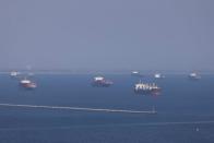 Container ships wait off the coast of the congested ports of Los Angeles and Long Beach, in Long Beach