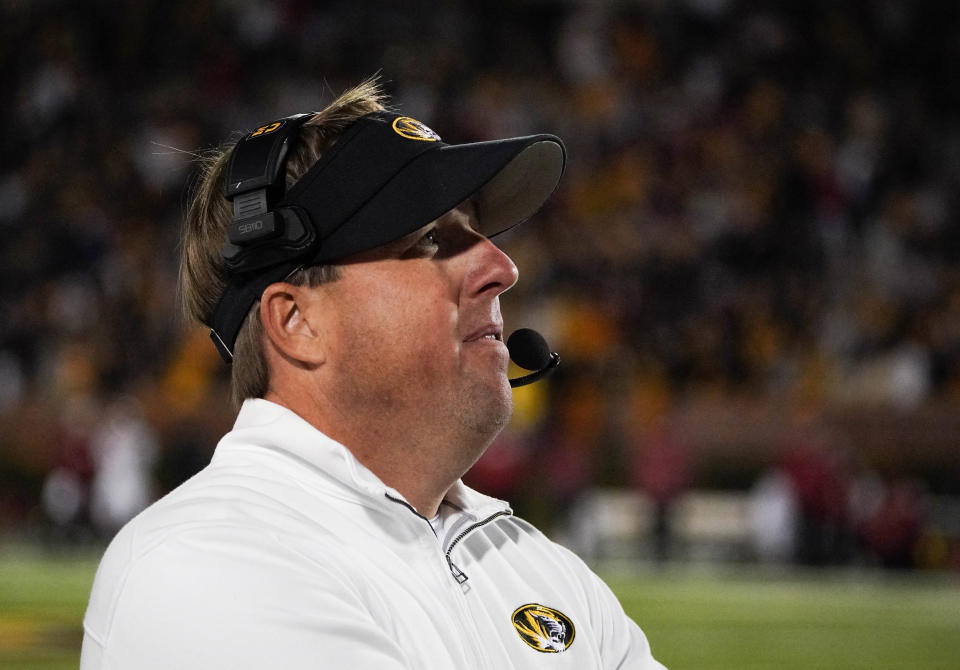 Missouri Tigers head coach Eli Drinkwitz watches play against the Arkansas Razorbacks during the game at Faurot Field at Memorial Stadium.