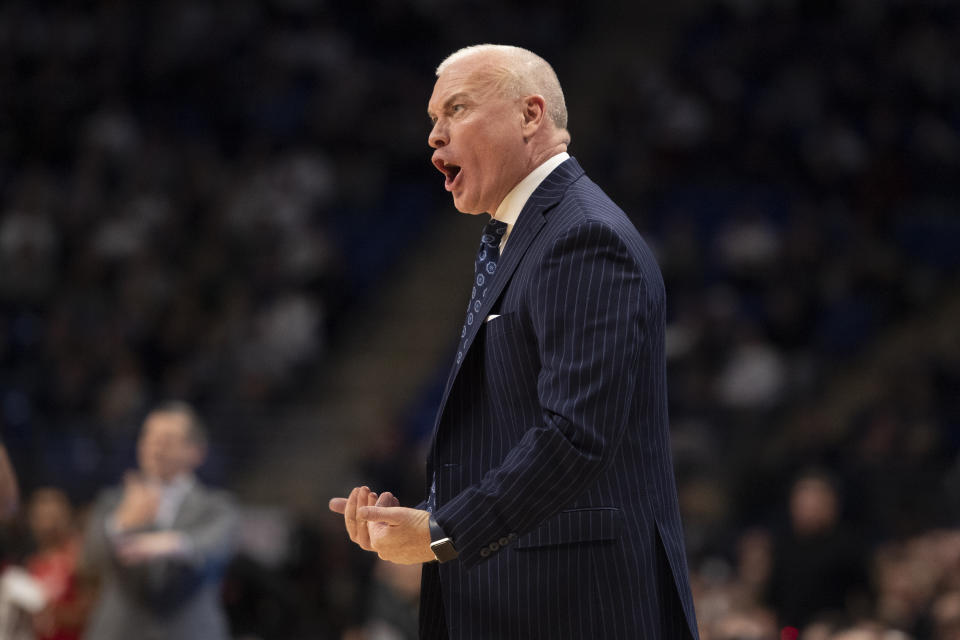 Penn State head coach Patrick Chambers reacts to a score against Maryland in the first half of an NCAA college basketball game in State College, Pa., on Tuesday, Dec. 10, 2019. (AP Photo/Barry Reeger)