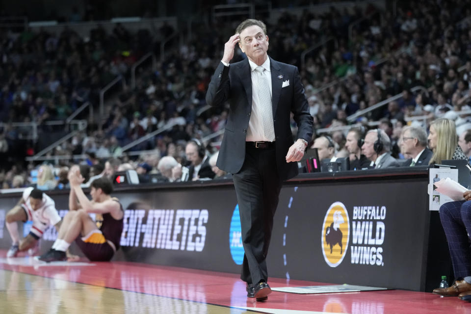 Iona head coach Rick Pitino works the bench in the first half of a first-round college basketball game against Connecticut in the NCAA Tournament, Friday, March 17, 2023, in Albany, N.Y. (AP Photo/John Minchillo)