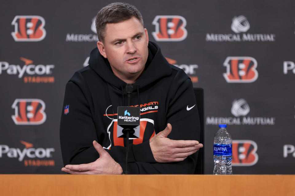 Cincinnati Bengals head coach Zac Taylor speaks with the media, Friday, Jan. 27, 2023, in Cincinnati. The Bengals are scheduled to play the Kansas City Chiefs Sunday in the NFL football AFC championship game. (AP Photo/Aaron Doster)