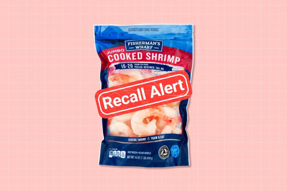 Fisherman's Wharf Cooked Shrimp Jumbo 16 oz with a recall button on a designed background