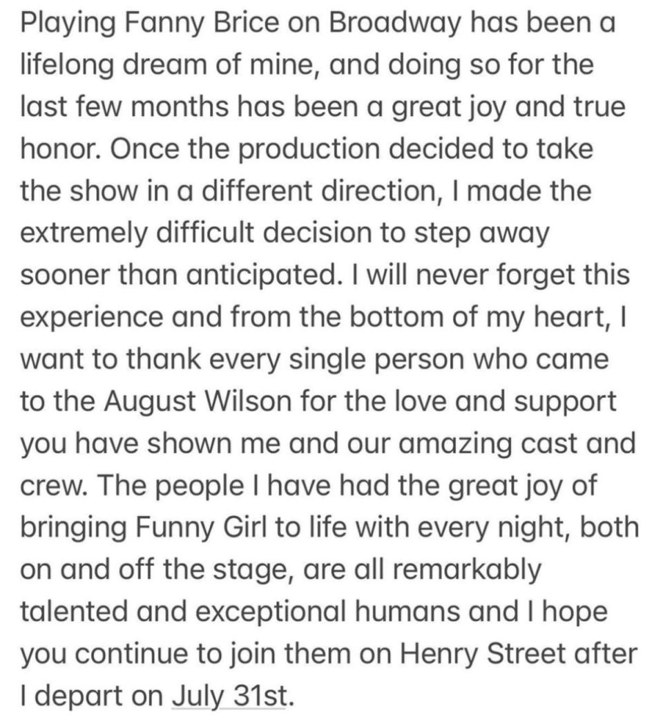 Feldstein announced that she was leaving ‘Funny Girl’ early via a Notes app post on Instagram (Beanie Feldstein/Instagram)