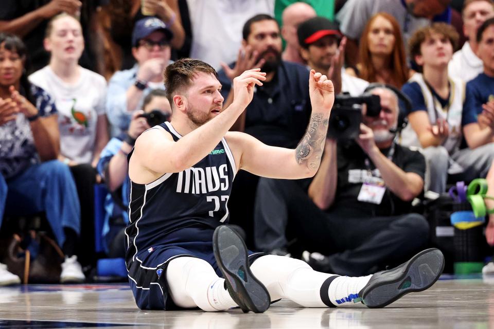 Dallas Mavericks guard Luka Doncic reacts to receiving his sixth foul during the fourth quarter of Game 3 of the 2024 NBA Finals.