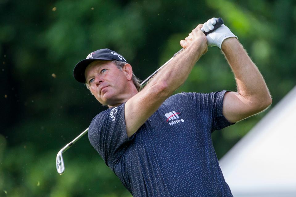 Retief Goosen tees off on hole 12 during round one of the U.S. Senior Open on Thursday, June 27, 2019, at Notre Dame's Warren Golf Course in South Bend.  Thursday, June 27, 2019, in South Bend.