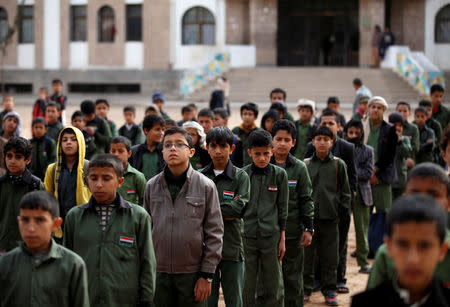 Boys take part in a morning drill at The al-Shawkani Foundation for Orphans Care in Sanaa, Yemen, February 19, 2017. REUTERS/Khaled Abdullah