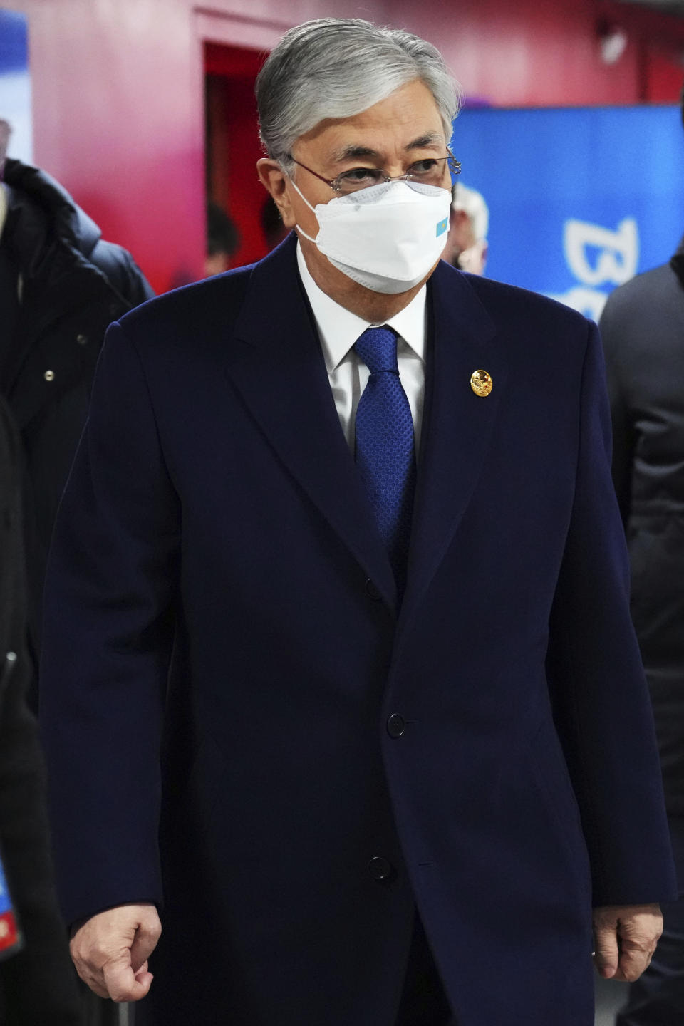 Kazakhstan President Kassym-Jomart Tokayev arrives for the opening ceremony of the 2022 Winter Olympics, Friday, Feb. 4, 2022, in Beijing. (Carl Court/Pool Photo via AP)