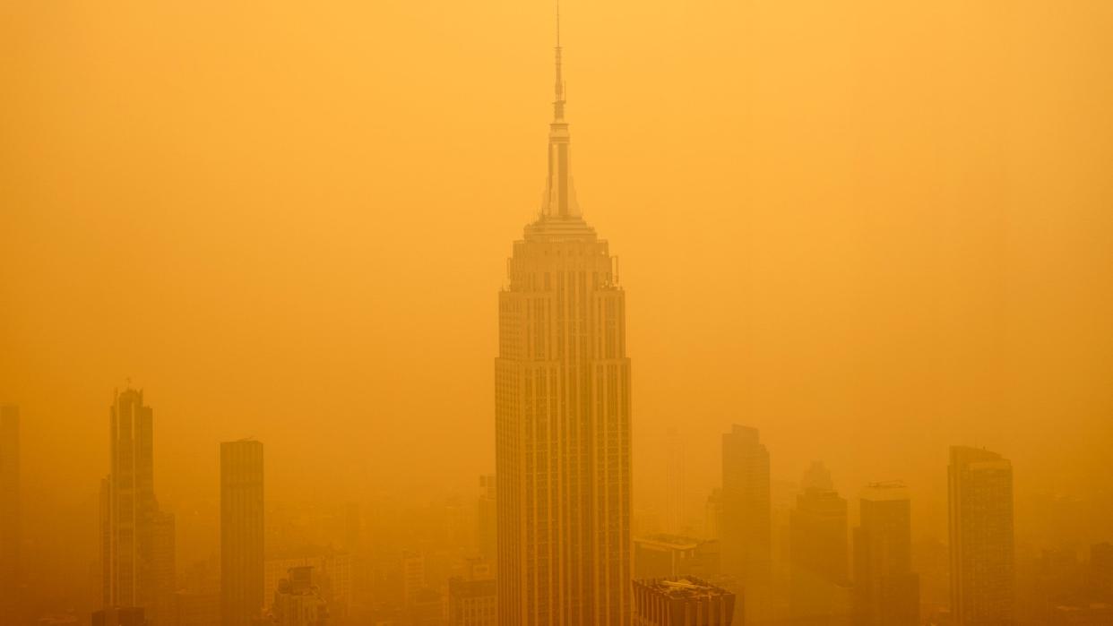  Smoky haze from wildfires in Canada diminishes the visibility of the Empire State Building on June 7, 2023 in New York City. New York topped the list of most polluted major cities in the world on Tuesday night, as smoke from the fires continues to blanket the East Coast. 