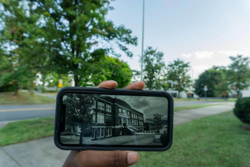 The knowCLT app designed by the Levine Museum of the New South displays Second Ward High where it used to be. The app utilizes GPS immersive technology for a walking tour of the former Black neighborhood of Brooklyn in Charlotte.