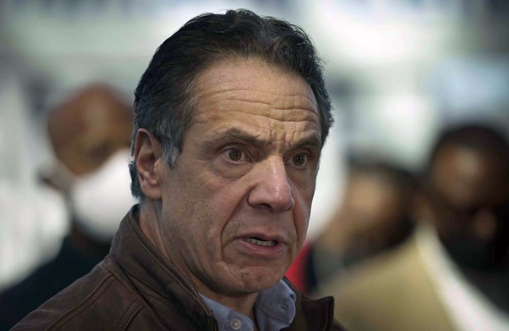 This Monday, March 8, 2021, file photo shows New York Gov. Andrew Cuomo speaking at a vaccination site in New York. (AP Photo/Seth Wenig, Pool, File)