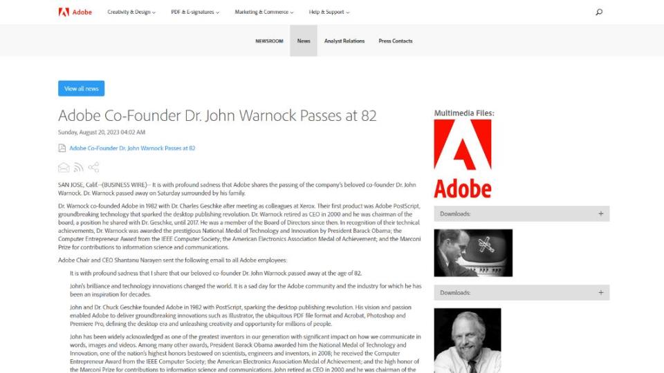 Adobe親證John Warnock消息並感懷悼念。（圖／翻攝自Adobe官網）