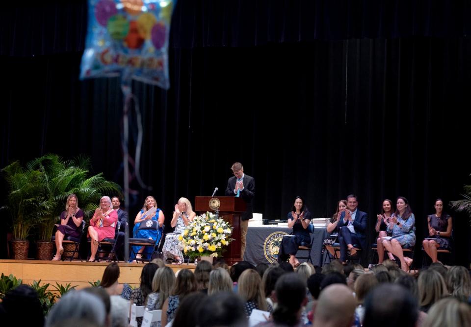 Head of school Fanning Hearon speaks during Friday's commencement ceremony in the Halmos Activity Center at Palm Beach Day Academy.