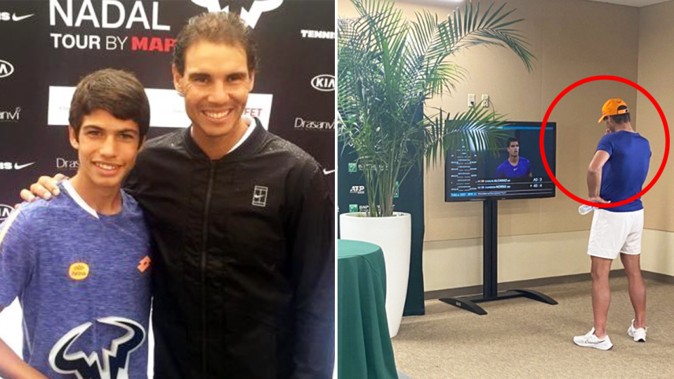 Rafa Nadal (pictured right) watching countryman Carlos Alcaraz at Indian Wells and (pictured left) posing with Alcaraz.