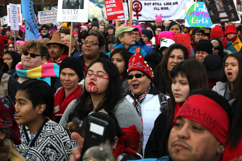 Thousands of Native Americans listen to speakers raising awareness of missing and murdered Indigenous women at a January 2019 march in Seattle. (Photo: Karen Ducey via Getty Images)