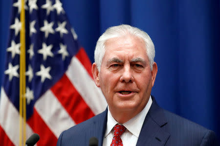 U.S. Secretary of State Rex Tillerson speaks to staff members at the U.S. Mission to the U.N. in Geneva, Switzerland October 26, 2017. REUTERS/Alex Brandon/Pool