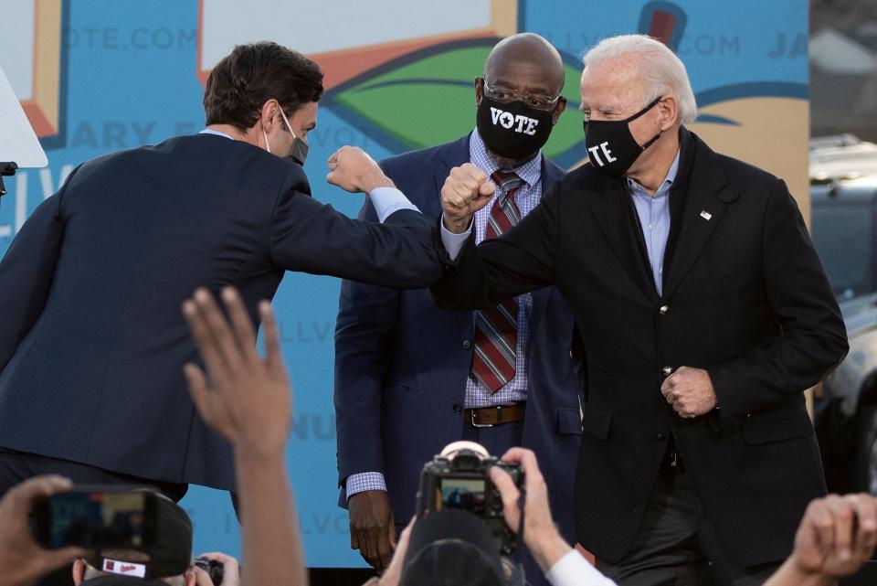 Democrats won back the White House and the Senate thanks to victories by President-elect Joe Biden (right) and Sens.-elect Jon Ossoff (left) and Raphael Warnock (center), but 2020 also showed that the party has plenty of challenges to face.  (Photo: JIM WATSON via Getty Images)