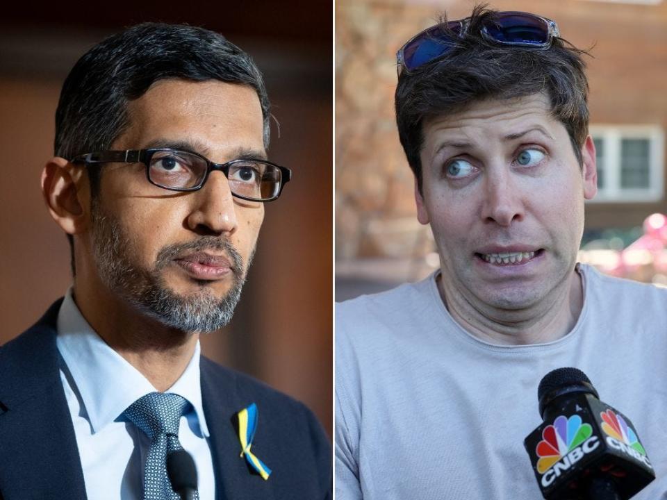 Google-CEO Sundar Pichai (links) und OpenAI CEO Sam Altman. - Copyright: Mateusz Wlodarczyk/NurPhoto via Getty Images; Kevin Dietsch via Getty Images