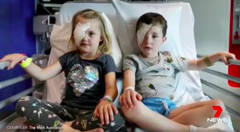 Indi, 4, and Finn, 5, were swooped by a magpie at Clarko Reserve in the beachside suburb of Trigg. Source: 7 News