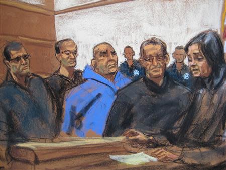 Suspects said to be part of a New York crime family are seen in a courtroom sketch as they appear in Federal court in New York, January 23, 2014. REUTERS/Jane Rosenberg