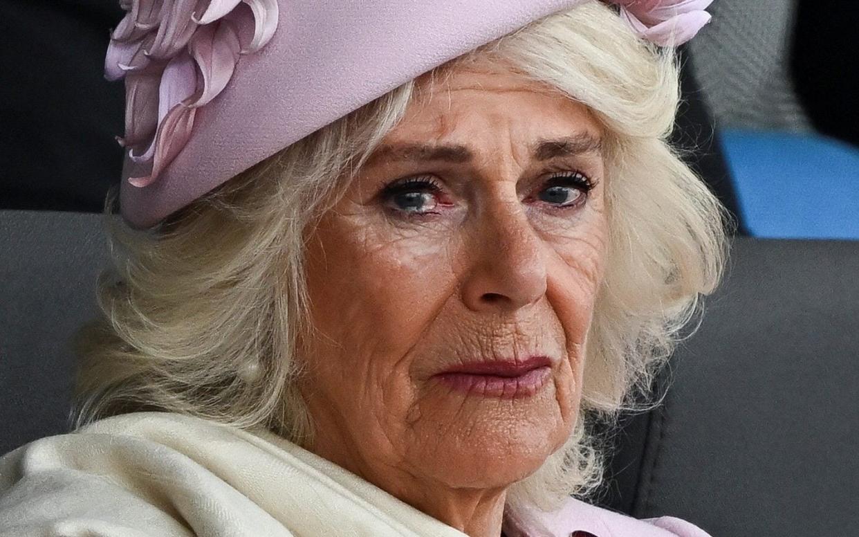 Queen Camilla pictured with a tear in her eye in Portsmouth amid speeches from the King and Prince of Wales