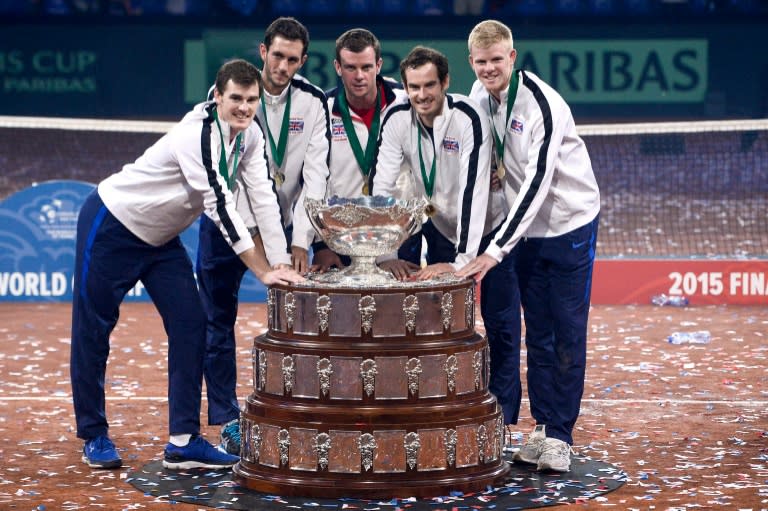 (From L) Britain's Jamie Murray, James Ward, captain Leon Smith, Andy Murray and Kyle Edmund pose with the trophy after winning the Davis Cup tennis final against Belgium at Flanders Expo in Ghent on November 29, 2015